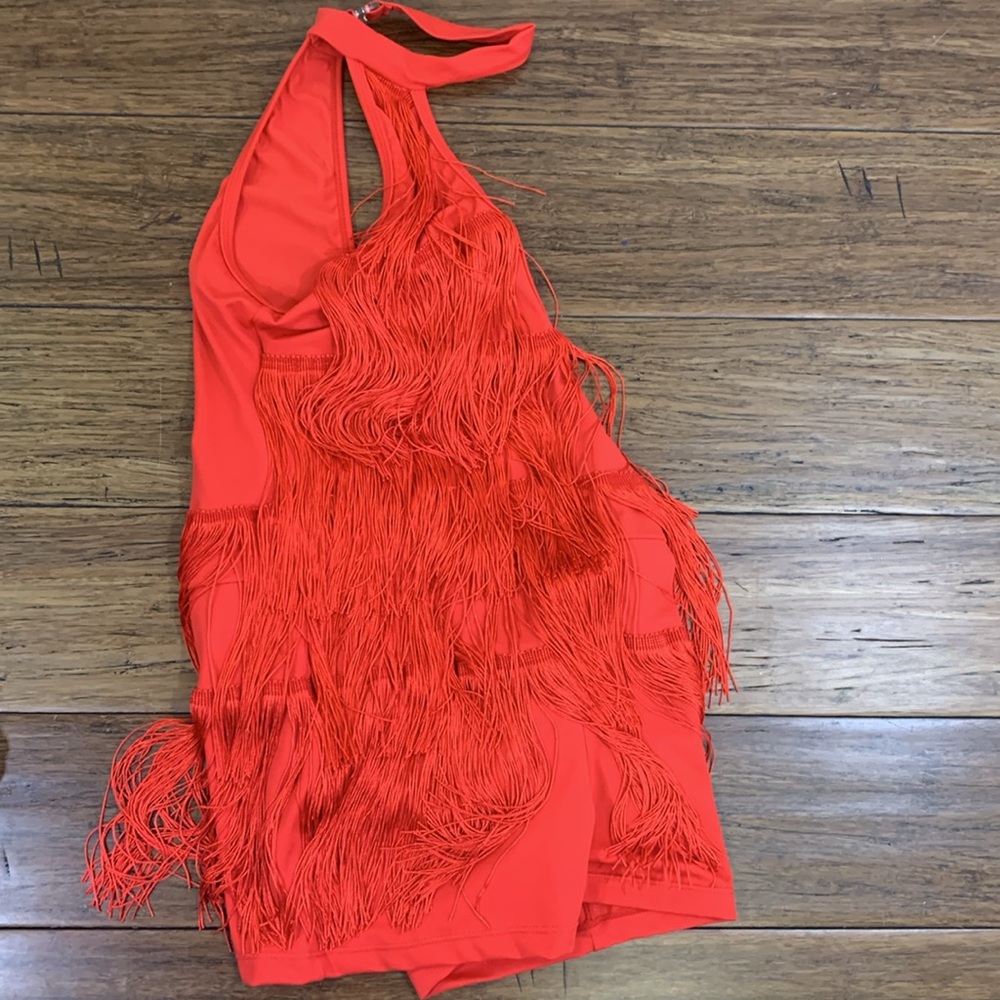 3 Pc Dance Costume Set Adult Small Sequin Top Red Fringe Shorts IridescentPants - Picture 2 of 6